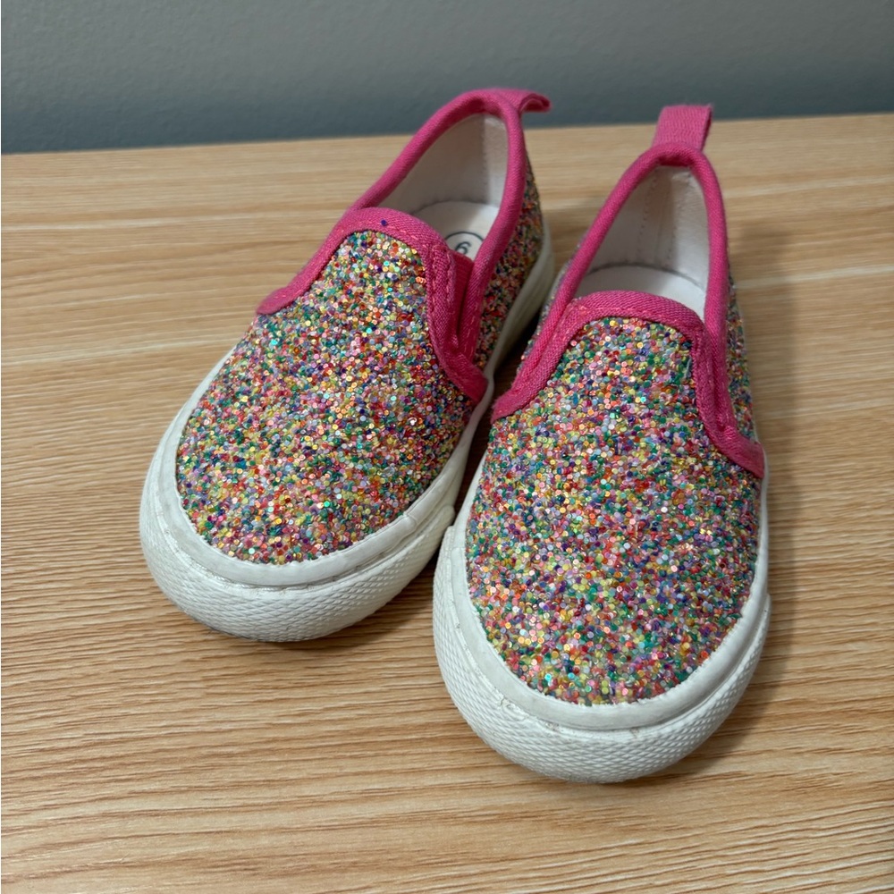 Kids Multicolor Glitter Slip-On Sneakers with Pink Trim